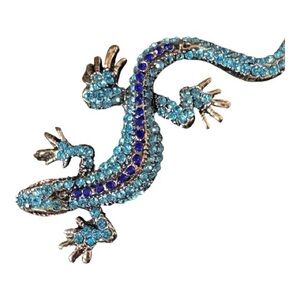 Brooch Sparkling Blue and Gold Lizard Brooch snot 2.5” long
